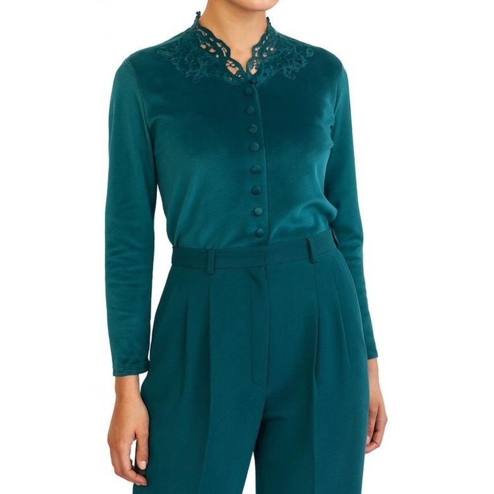 90s Vintage Womens Teal Velvet Outfit Size M Embroidered Top & Pleated Pants Set